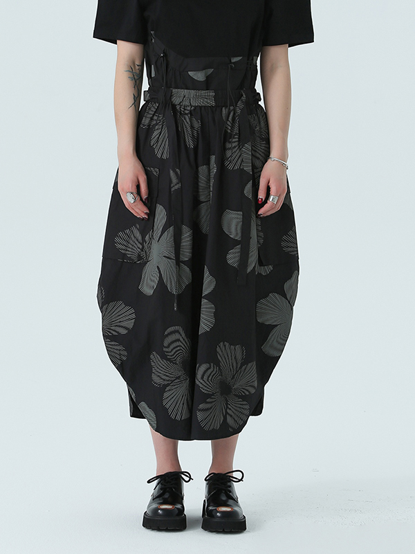 Leaf Print Drawstring Side Split Half Skirt