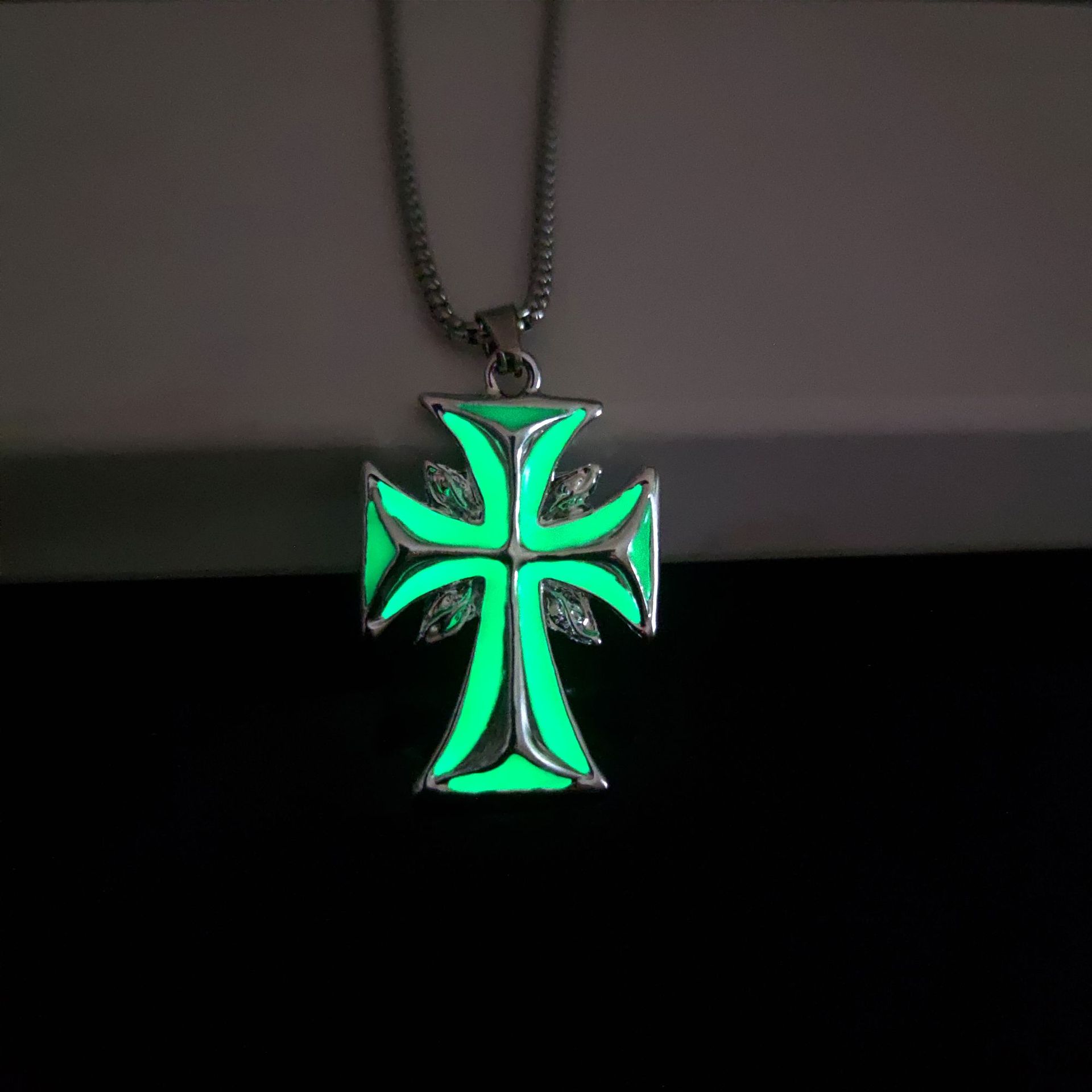 Glow-in-the-Dark Stainless Steel Cross Pendant Necklace
