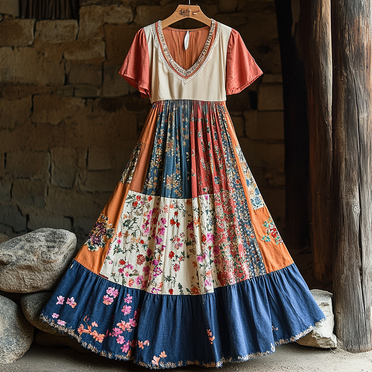 Simpfit Damen Vintage Floral Patchwork Art V-Ausschnitt Kurzarmkleid