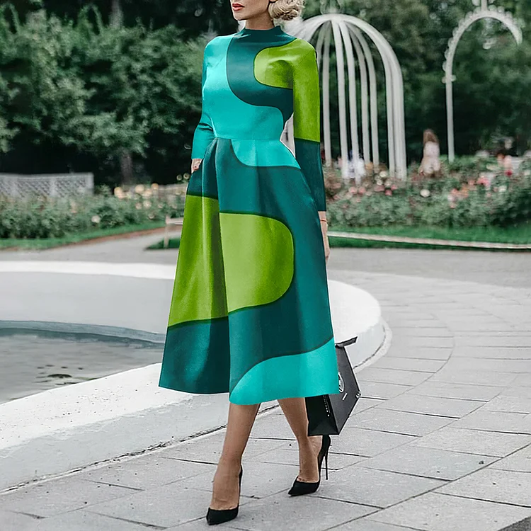 Vefave Colorblock Geometric Print Midi Dress