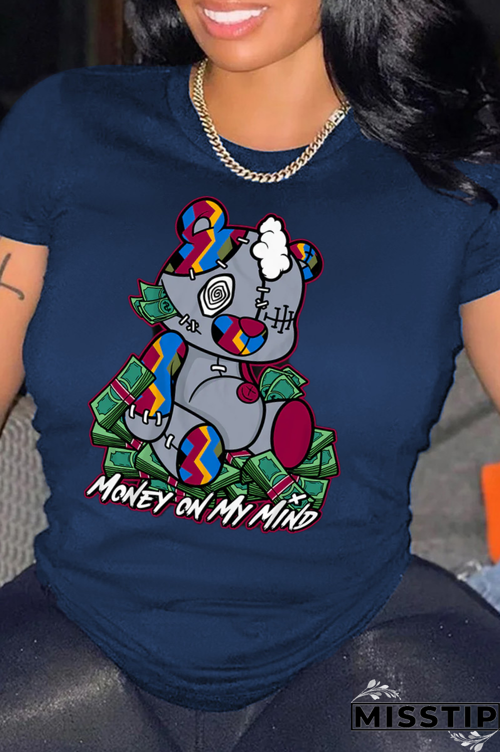 Navy Blue Casual Cute Print Patchwork O Neck T-Shirts