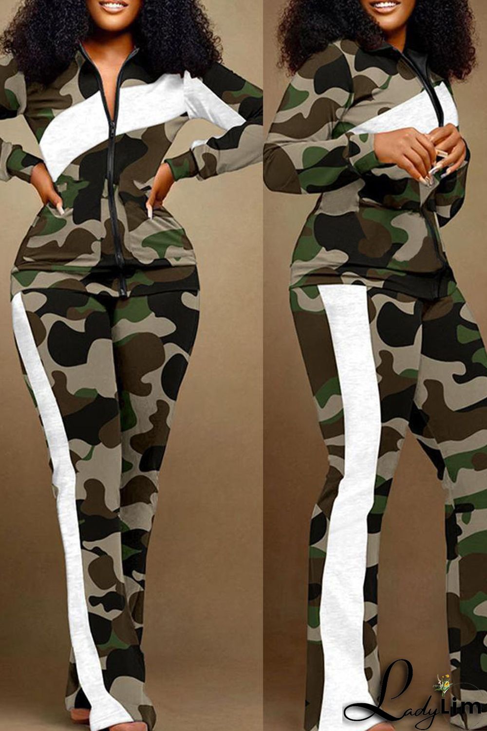 Camouflage Casual Print Patchwork Contrast Turndown Collar Plus Size Two Pieces