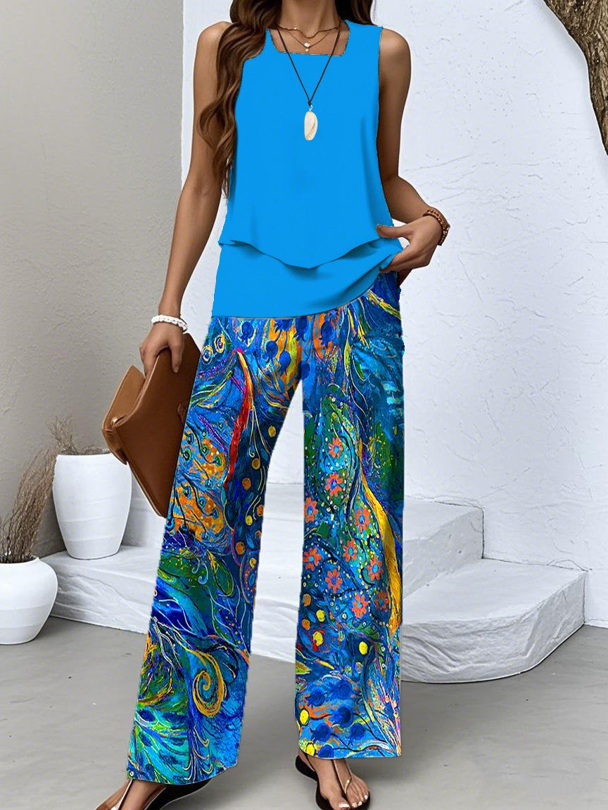 Women's Sleeveless Square Collar Graphic Printed Casual Set