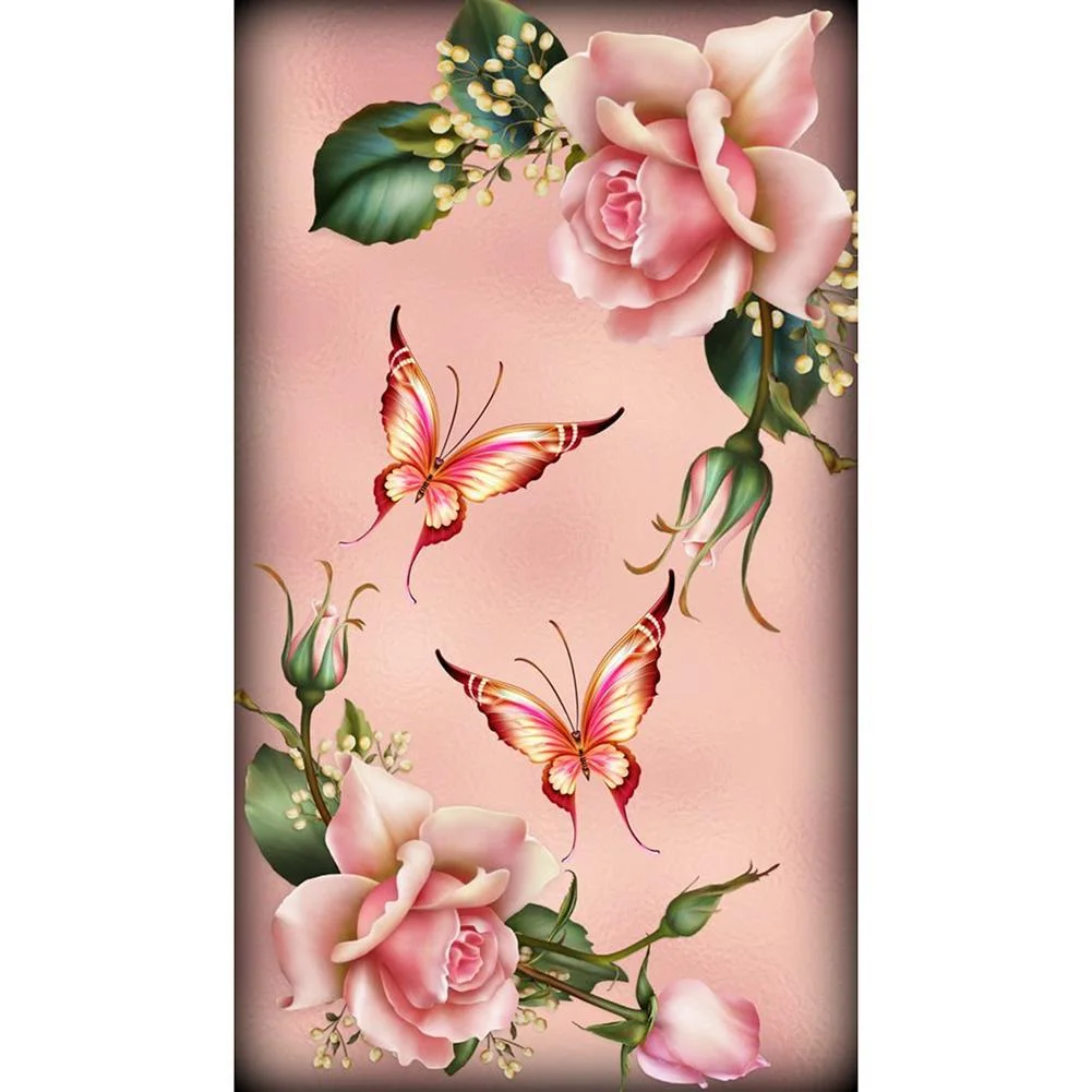 Diamond Painting - Full Round Drill - Pink Flower Butterfly(30*48cm)