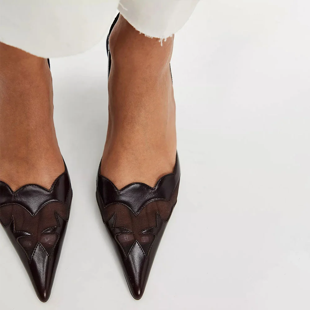 Black Mesh Patchwork Pointed Toe Slingback Kitten Heel Pumps