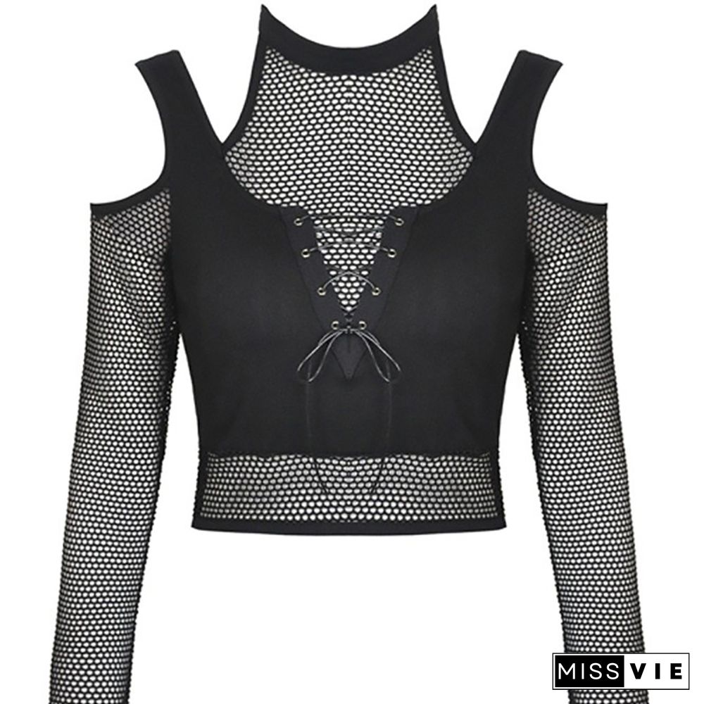Off Shoulder Long Sleeve Womens Clothing Halter Corset Punk Black Bandage Crop Tops