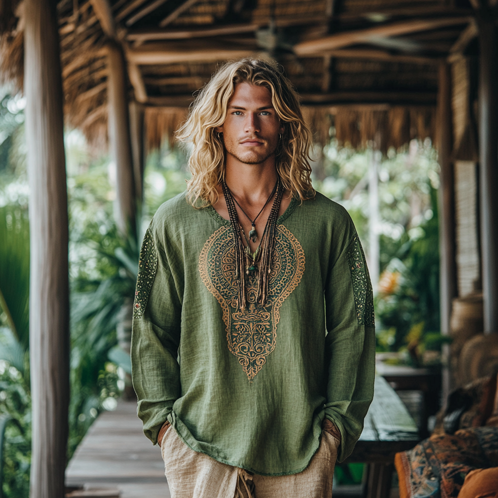 Men's Bohemian Holiday Style Vintage Linen Printed Casual Long Sleeve Top-inspireuse