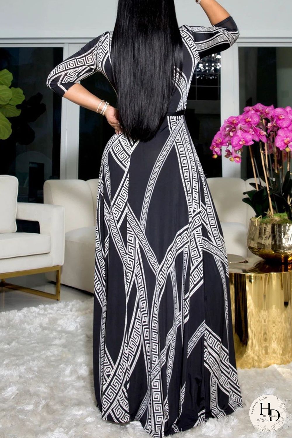 Blue Purple Fashion Casual Print Bandage V Neck Long Sleeve Dresses