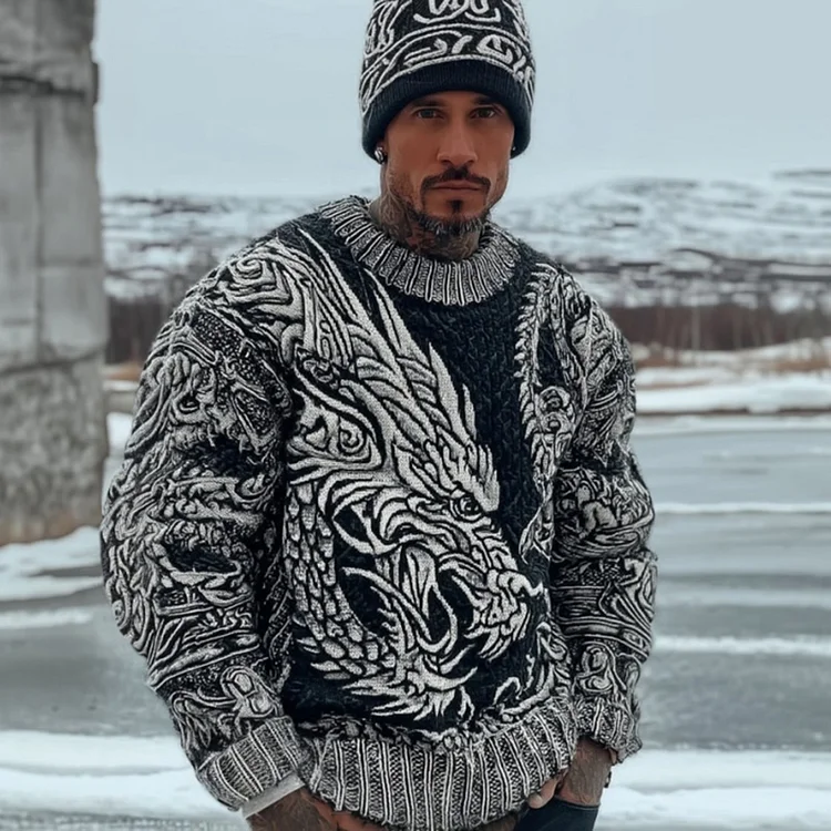 Men's Celtic Style Dragon Crew Neck Knit Sweater