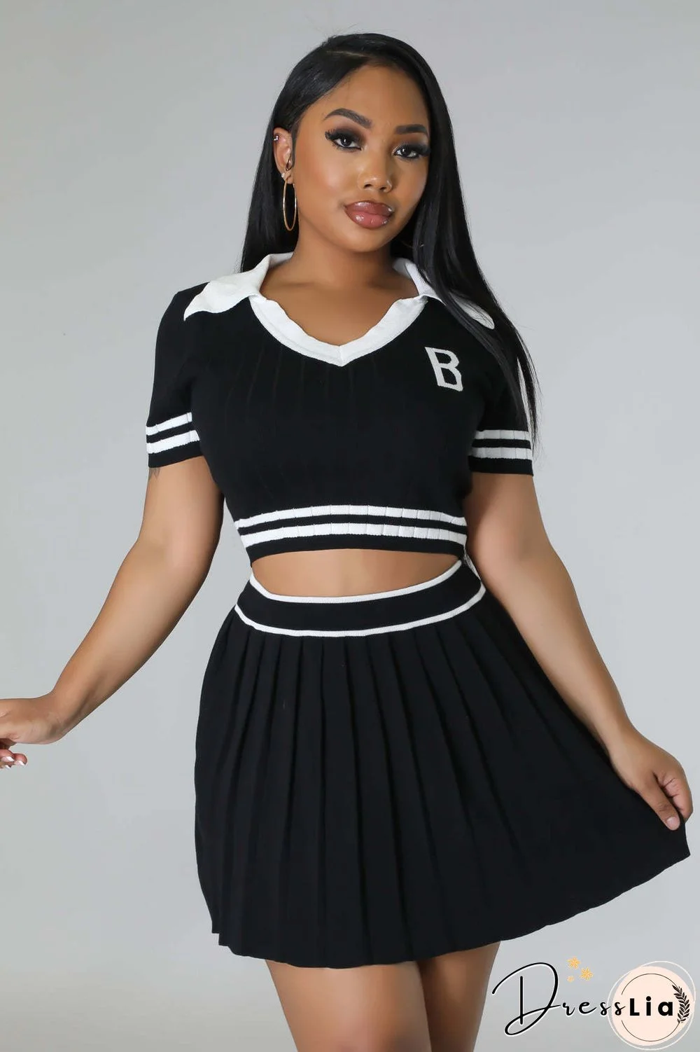 Polo Neck Knitting T-shirts Pleated Skirt Two Piece Sets