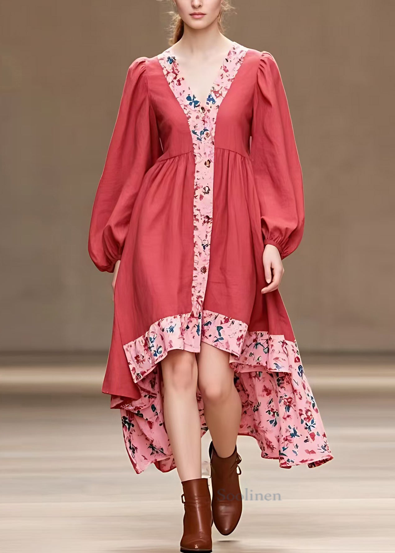 VCSHOES Red Print Low High Design Cotton Dress Long Sleeve