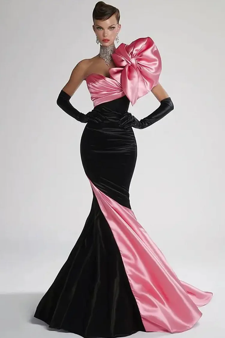 Colorblock Pleated 3D Floral Velvet Fishtail Maxi Dress-Black Pink [Custom-Made]
