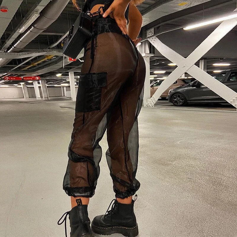 ABEBEY-Viifaa See-Through Mesh Y2K  Pants Pocket Side Casual Streetwear Women High Waist Party Night Club Outfits Summer Trousers