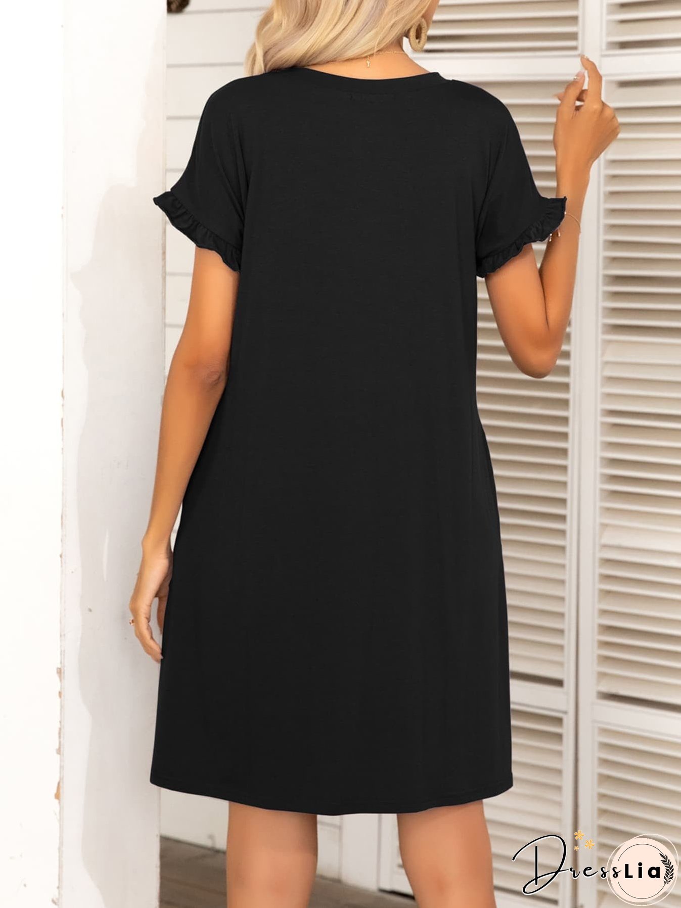 Round Neck Flounce Sleeve Dress with Pockets