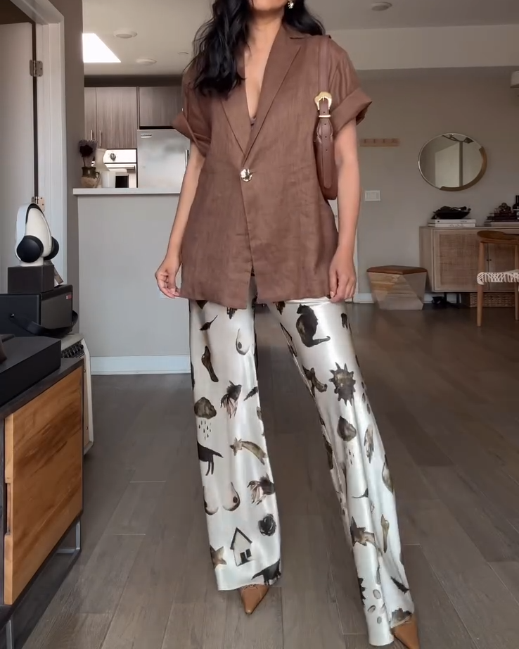 V-neck Top and Printed Pants Two-piece Set