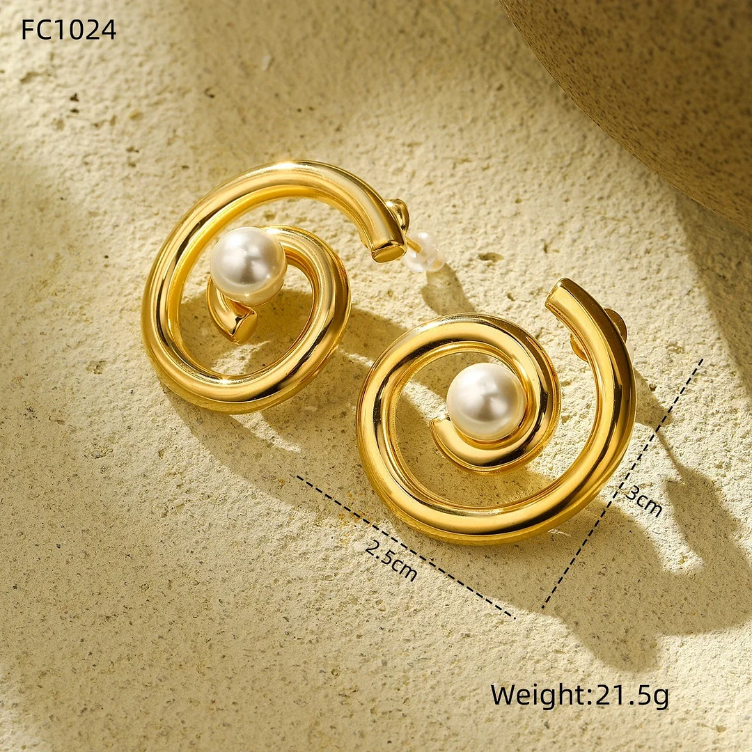 Simple Exaggerated Pearl Spiral Titanium Steel Earrings