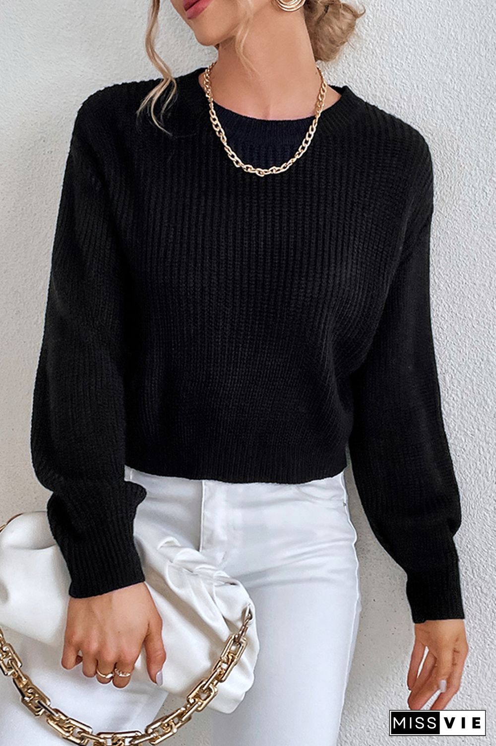 Fashion Casual Solid Hollowed Out Strap Design O Neck Tops Sweater