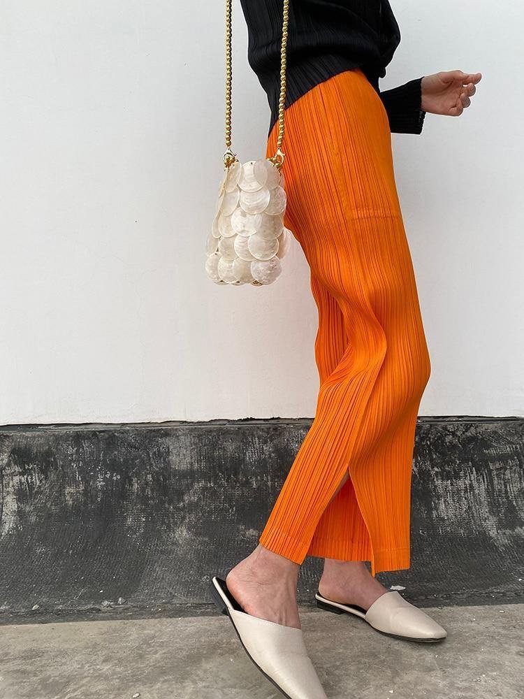 pleated pants straight pants plus size fall high waist casual big orange Ankle-Length Pants joggers Korean women (Orange One Size)