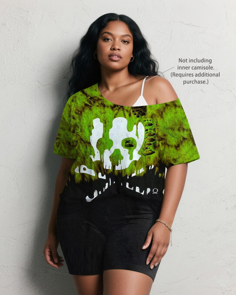 Women's Big & Tall Halloween Green Gradient Skull Print Short Sleeve Shorts Suit