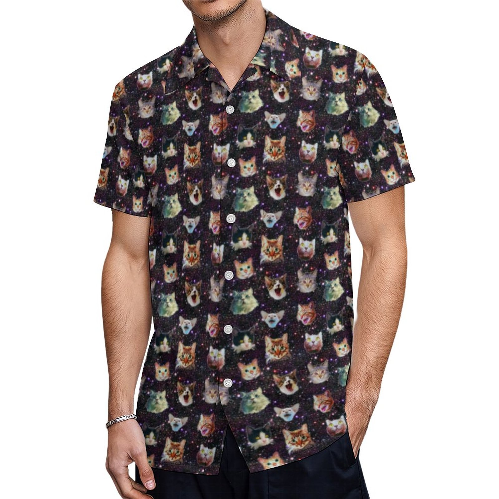 Cat Heads In Outer Space Funny Galaxy Pattern Hawaiian Shirt Mens Button Down Tropical Hawaii Beach Shirts
