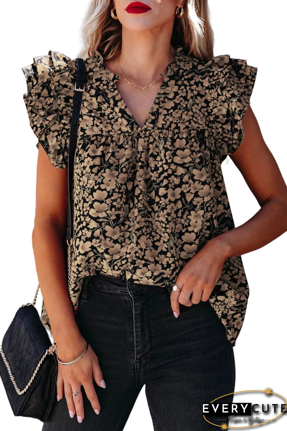 Khaki Floral Print Tiered Flutter Sleeve V Neck Top