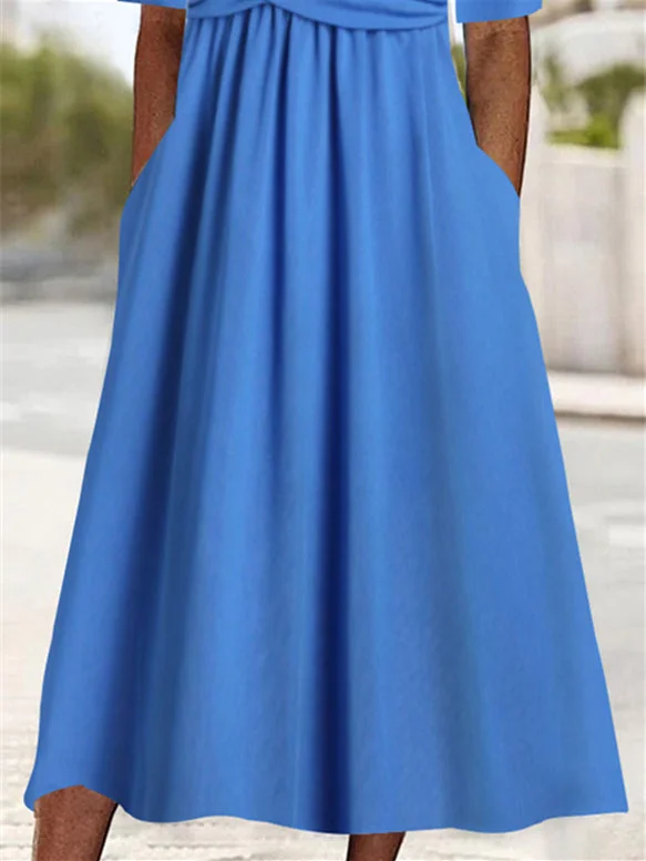 Women Half Sleeve V-neck Solid Color Dress