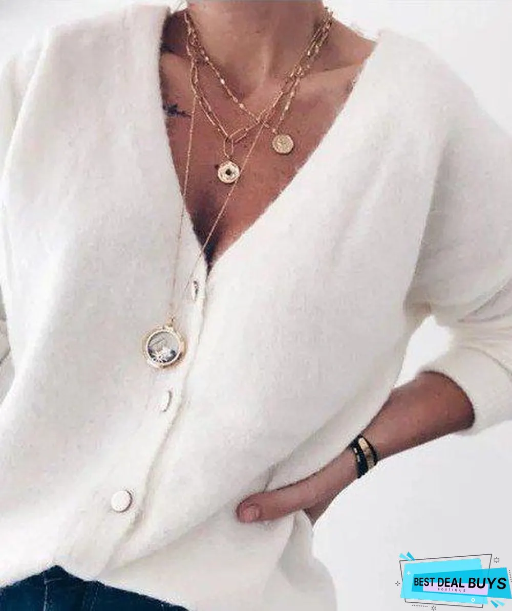 Casual V Neck Plain Sweater