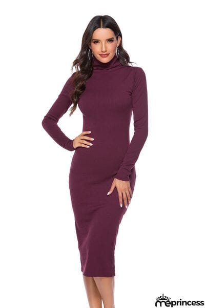 Ribbed Turtleneck Long Sleeve Dress