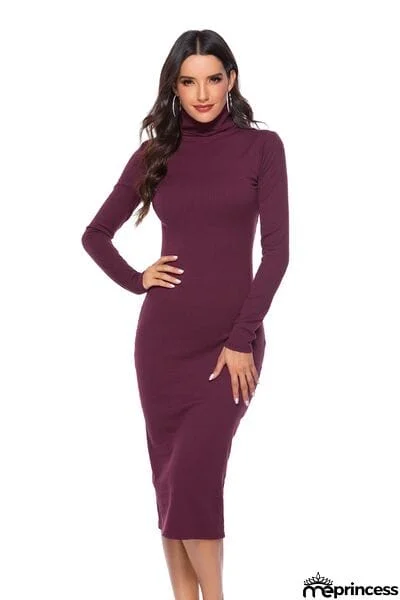 Ribbed Turtleneck Long Sleeve Dress