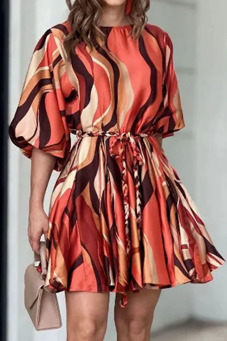 Women's Fashion Printed Round Neck Tie Casual Mini Dress