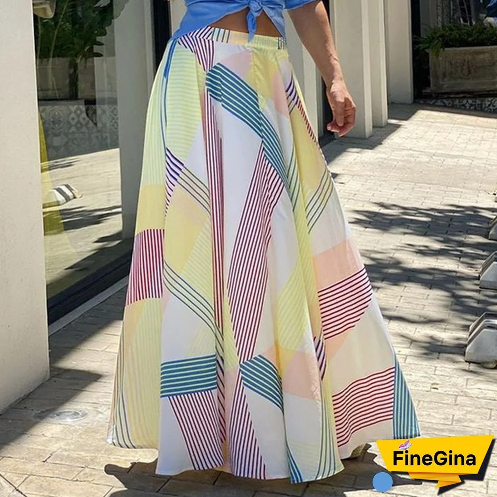 Stylish Women High Waist Maxi Skirt Holiday Summer Casual Loose Stripe Long Skirts