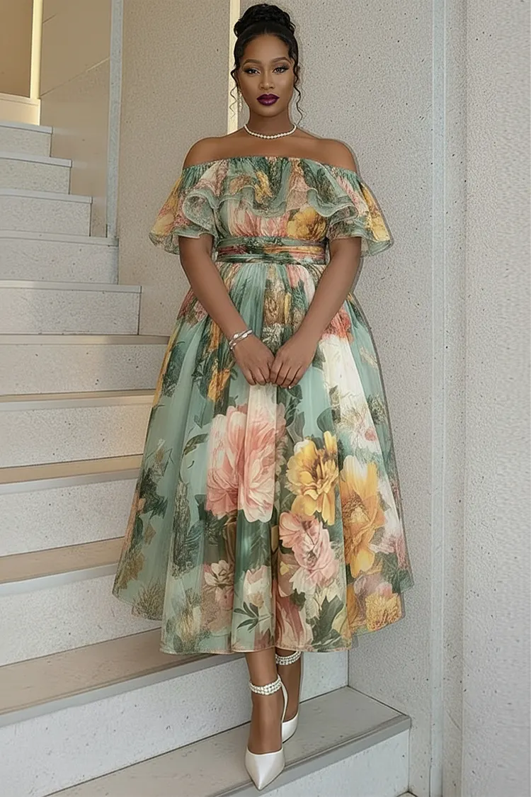 Xpluswear Design Plus Size Cocktail Party Sage Green Floral Off The Shoulder Ruffle Chiffon Maxi Dresses [Pre-Order] 2024 - Xpluswear