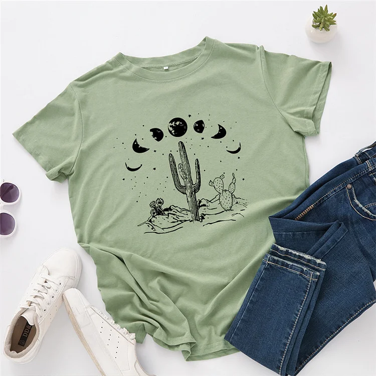 Woman 100%Cotton T-Shirt Voguish Moon Cactus Print T Shirt Women O Neck Short Sleeve Tee Summer Women TShirt Black Tops