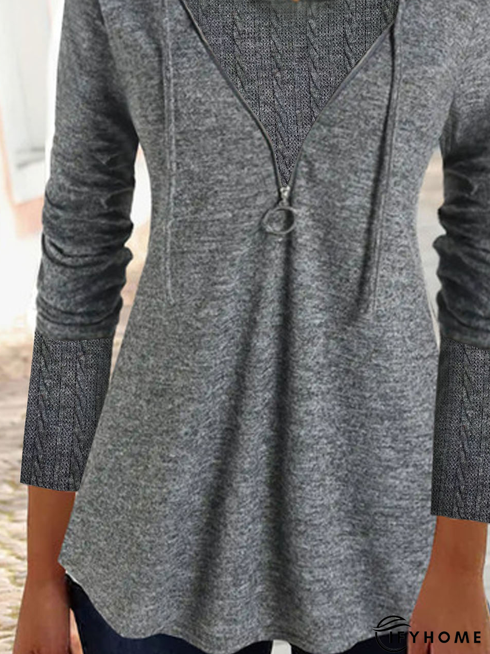 Plain Hooded Drawstring Cable Knit Mixed Media Tunic Sweatshirt | IFYHOME