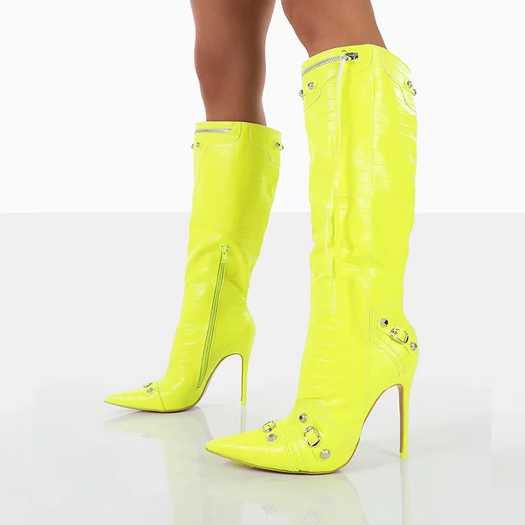 Yellow Pointed Calf Boots Women's Stiletto Heel Studs Zipper Shoes |FSJ Shoes
