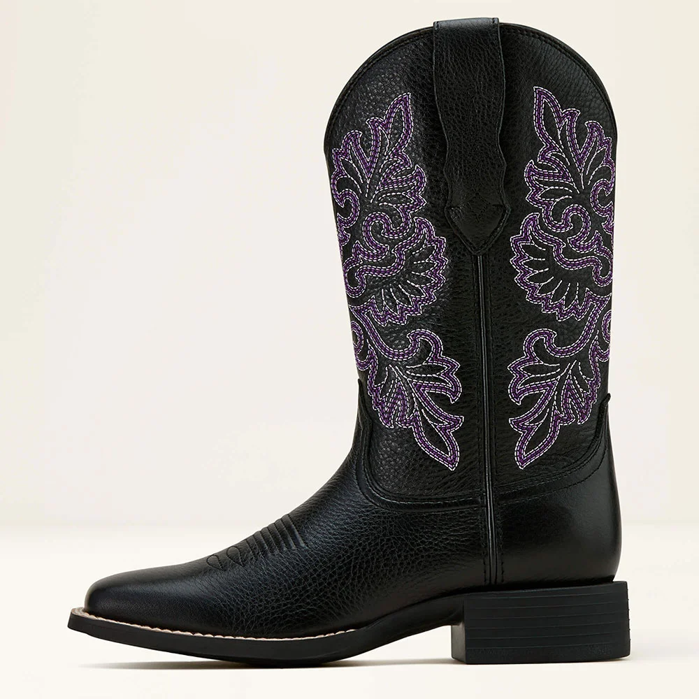 Black Square Toe Chunky Heel Cowgirl Boots with Purple Embroidery