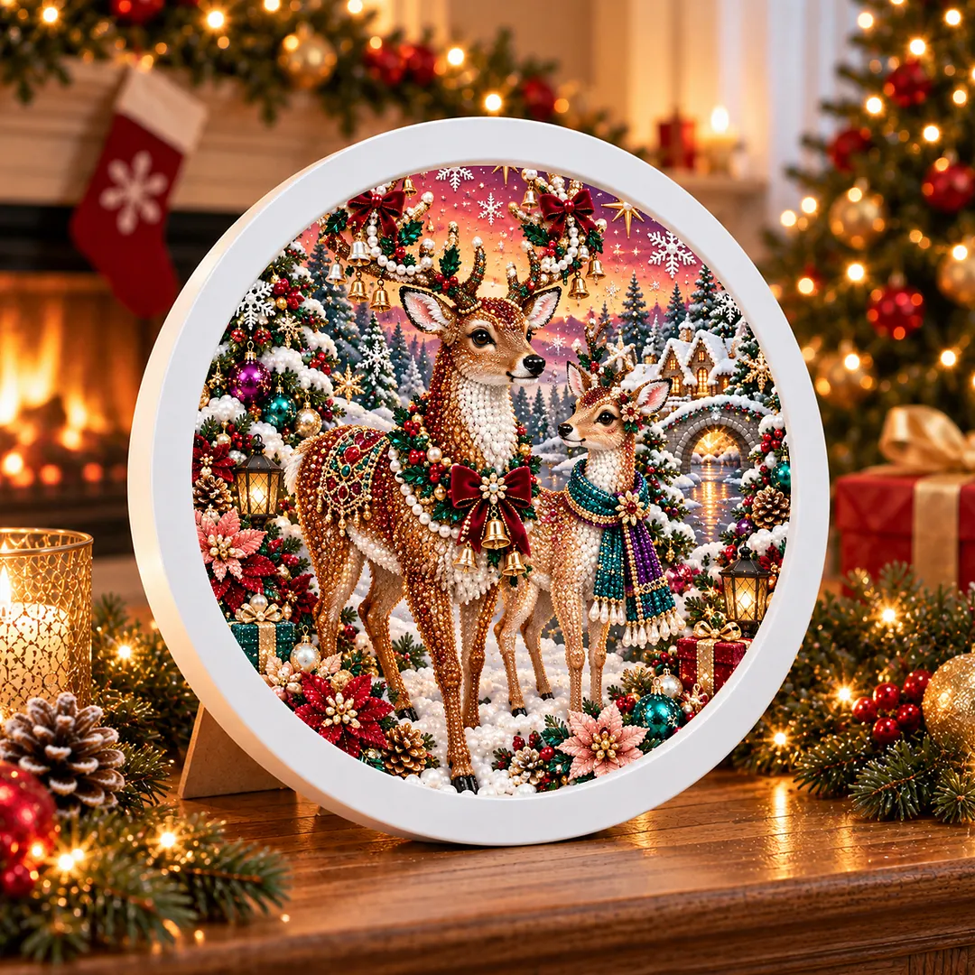 Framed 5D Diamond Painting Kit Holiday Deer Round 7.87x7.87in