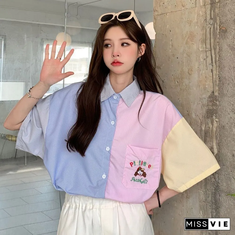 Vintage Colorblock Embroidery Pocket T-Shirt