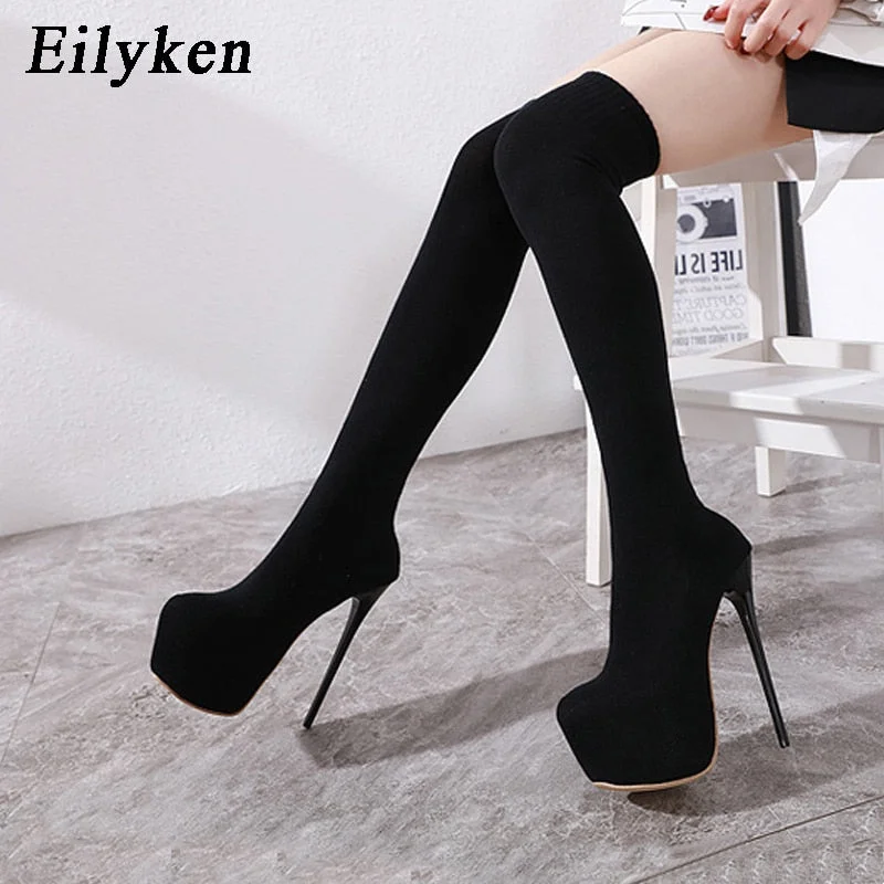 Eilyken 17CM Platform Heels Boots Woman Over Knee Winter Boot Womens Black knitting Shoes Thigh High Socks Boots Lady Shoes