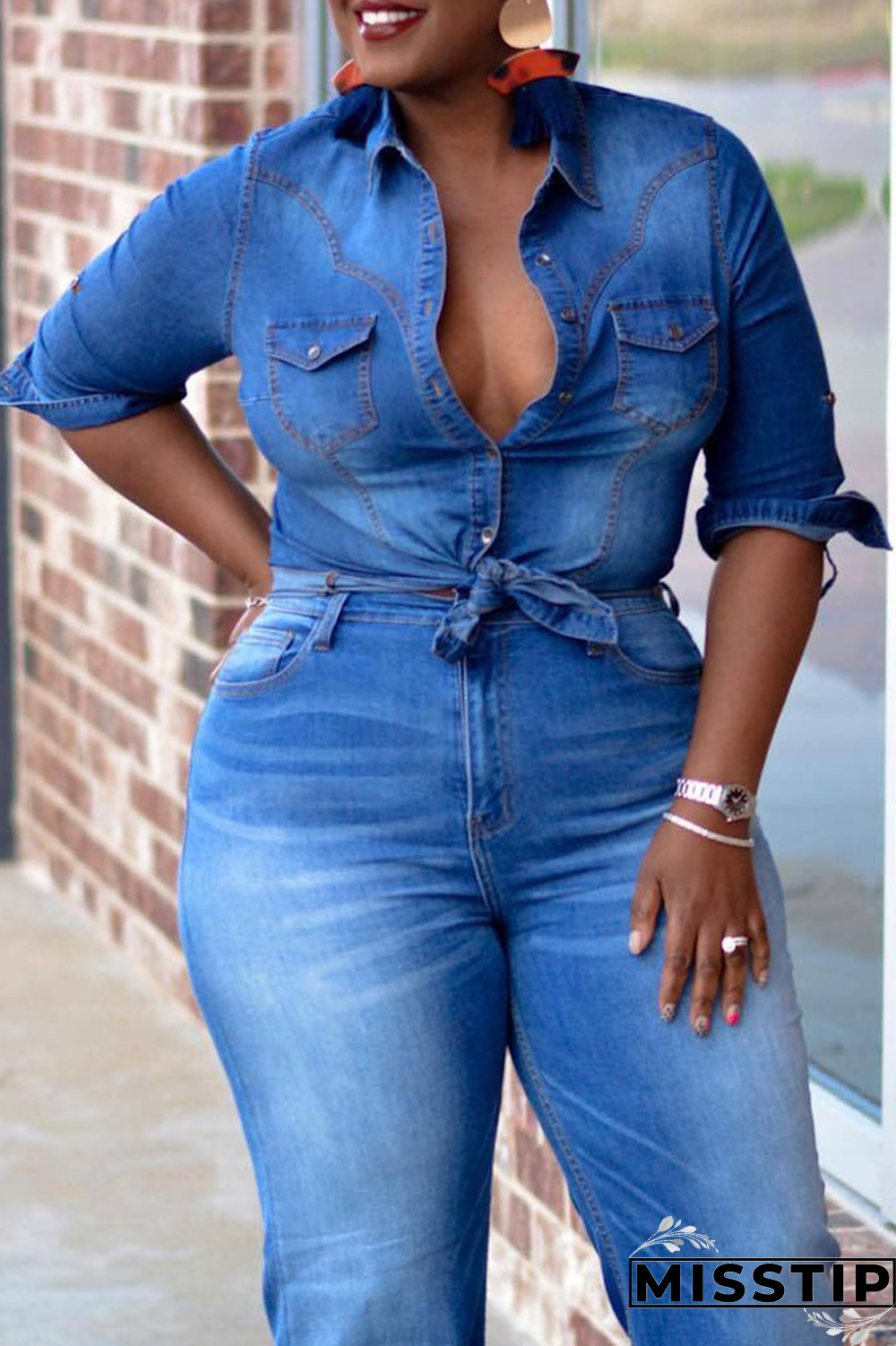 Blue Street Solid Patchwork Turndown Collar Long Sleeve Straight Denim Jacket