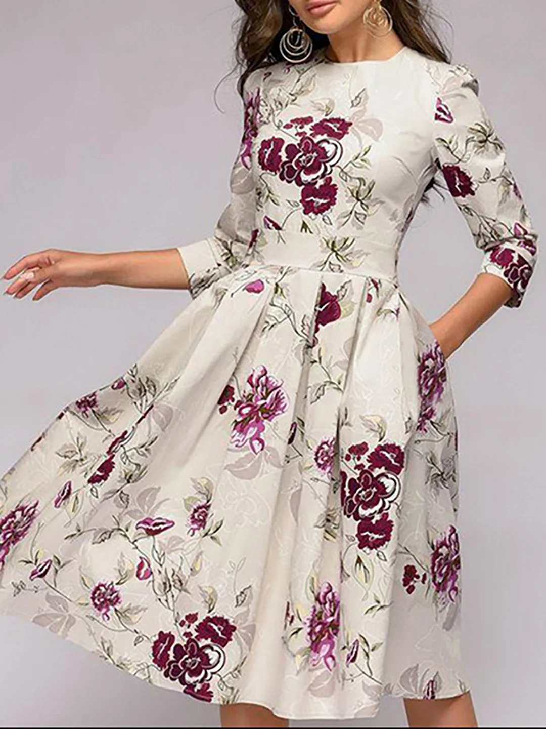 Beige A-Line Paneled Floral Party Midi Dress