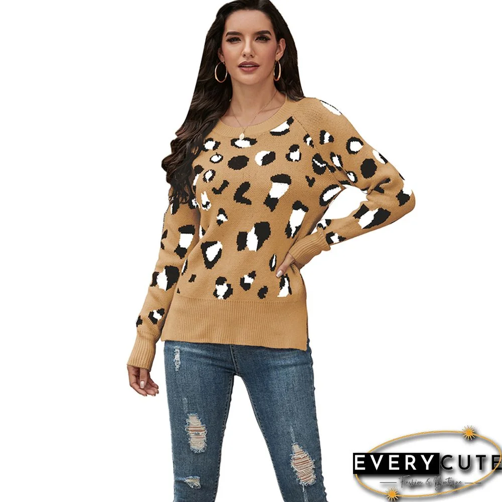 Khaki Leopard Print Side Slit Pullover Sweater