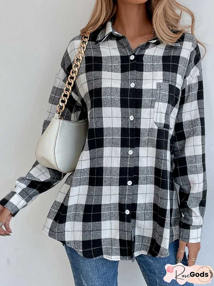 Cotton-Blend Loose Plaid Blouse