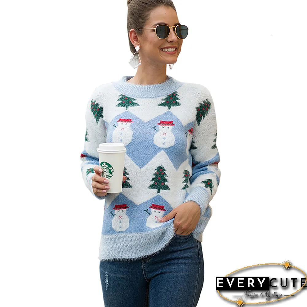 Blue Christmas Print Pullover Sweater
