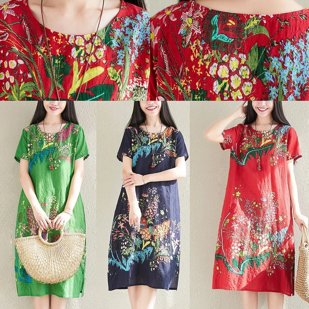 Modern print linen dresses Tunic Tops red Dress summer
