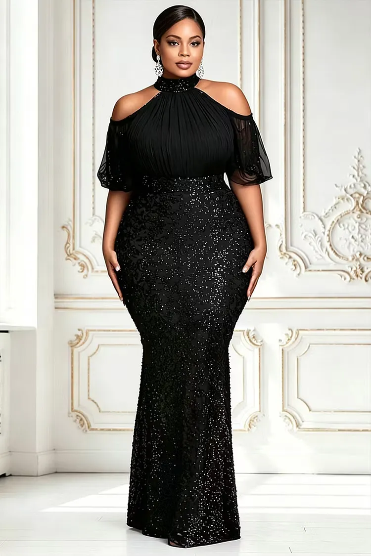 Xpluswear Design Plus Size Formal Sequin Black Cold Shoulder Short Sleeve Bodycon Contrast Chiffon Maxi Dresses [Pre-Order] 2024 - Xpluswear