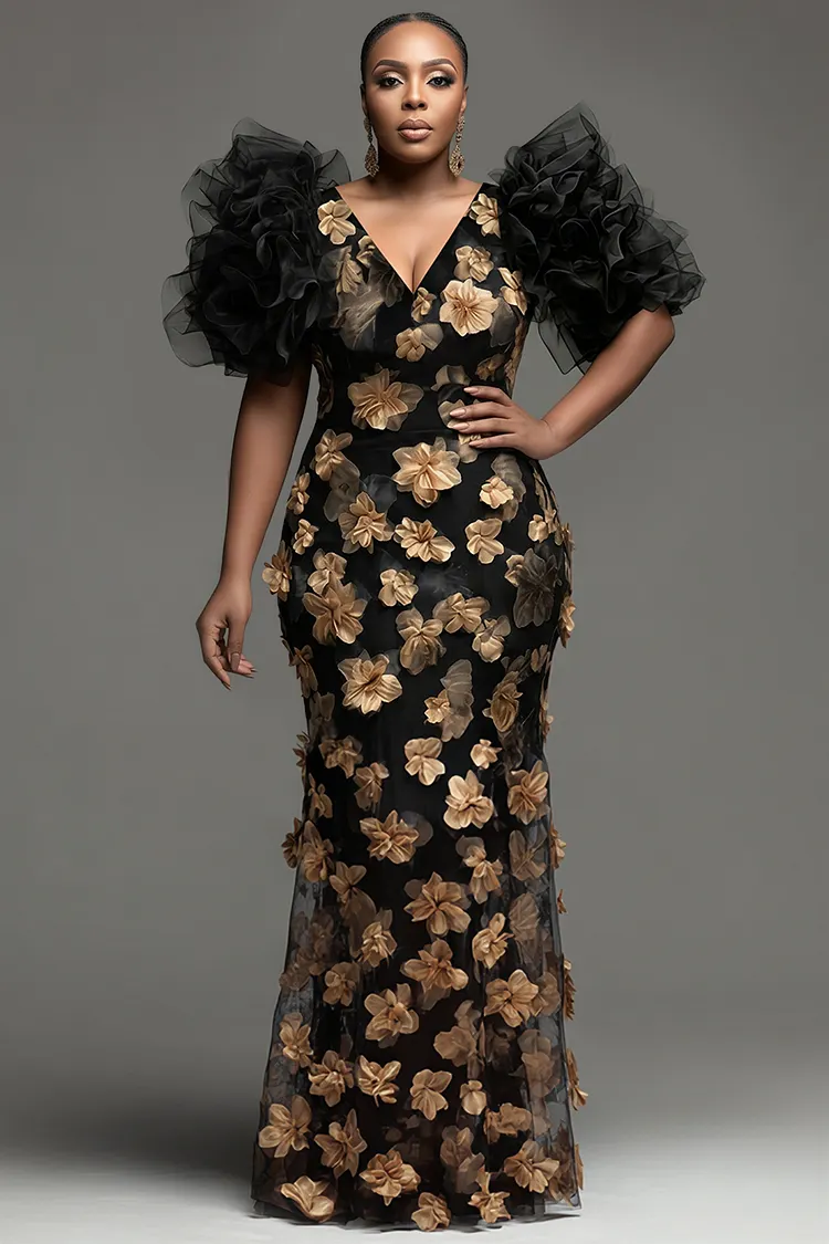 Xpluswear Design Plus Size Formal Black V Neck Puff Sleeve Half Sleeve 3D Ruffle Tulle Maxi Dresses [Pre-Order] 2024 - Xpluswear