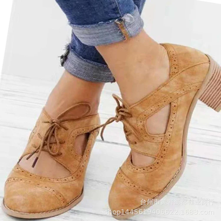 Yyvonne Spring And Summer New Thick Heel High Fashion Single Shoes 42 Large Size Lace Hollow Carved Women's Shoes
