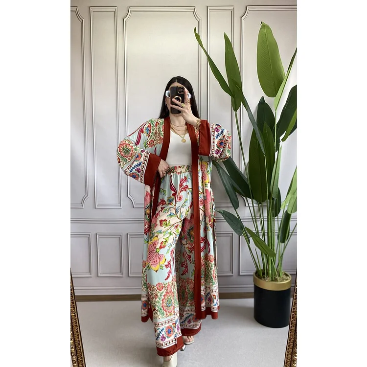 Casual Printed Design Long Shirt Wide Leg Pants Suit