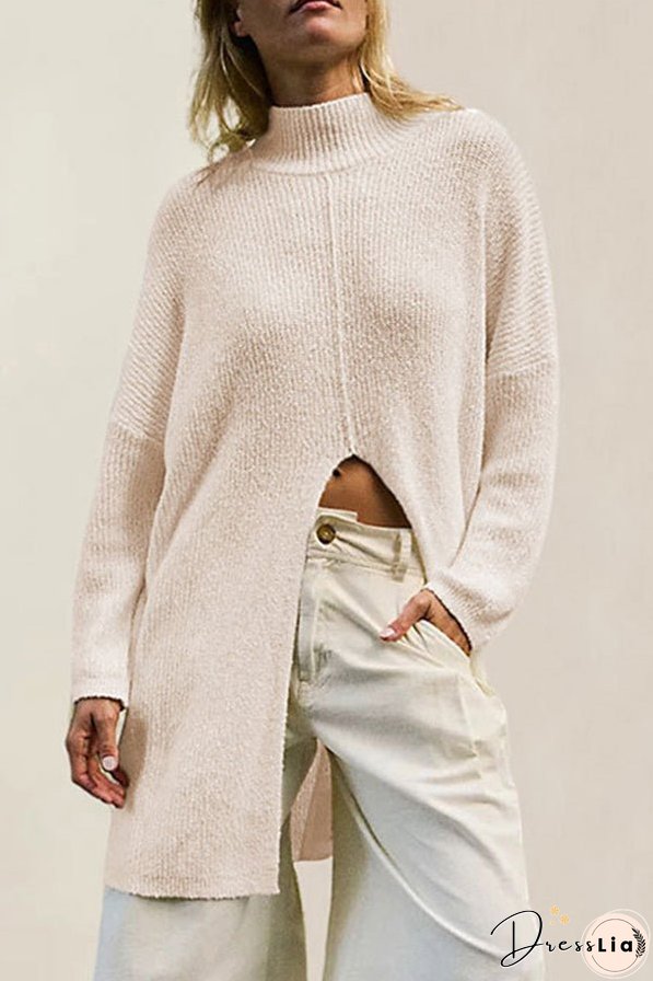Solid Color Long Sleeve Slit Knitted Sweater